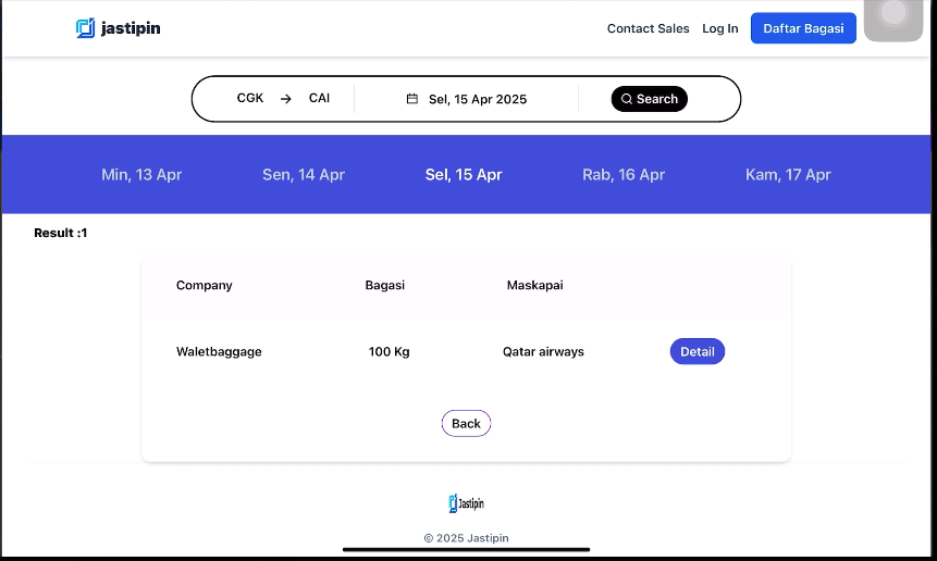 Project screenshot showing search result page